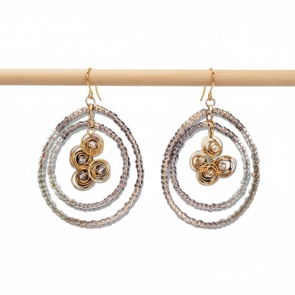 None Jewelry - Seed Bead Double Hoops with Wire Accent Dangle Statement Earrings / Pierced